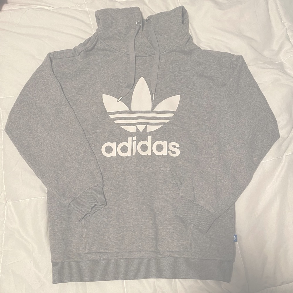 ADIDAS HEATHER GREY GRAY FLEECE PULLOVER HOODIE OVERSIZE ADICOLOR TREFOIL JACKET - Picture 3 of 8